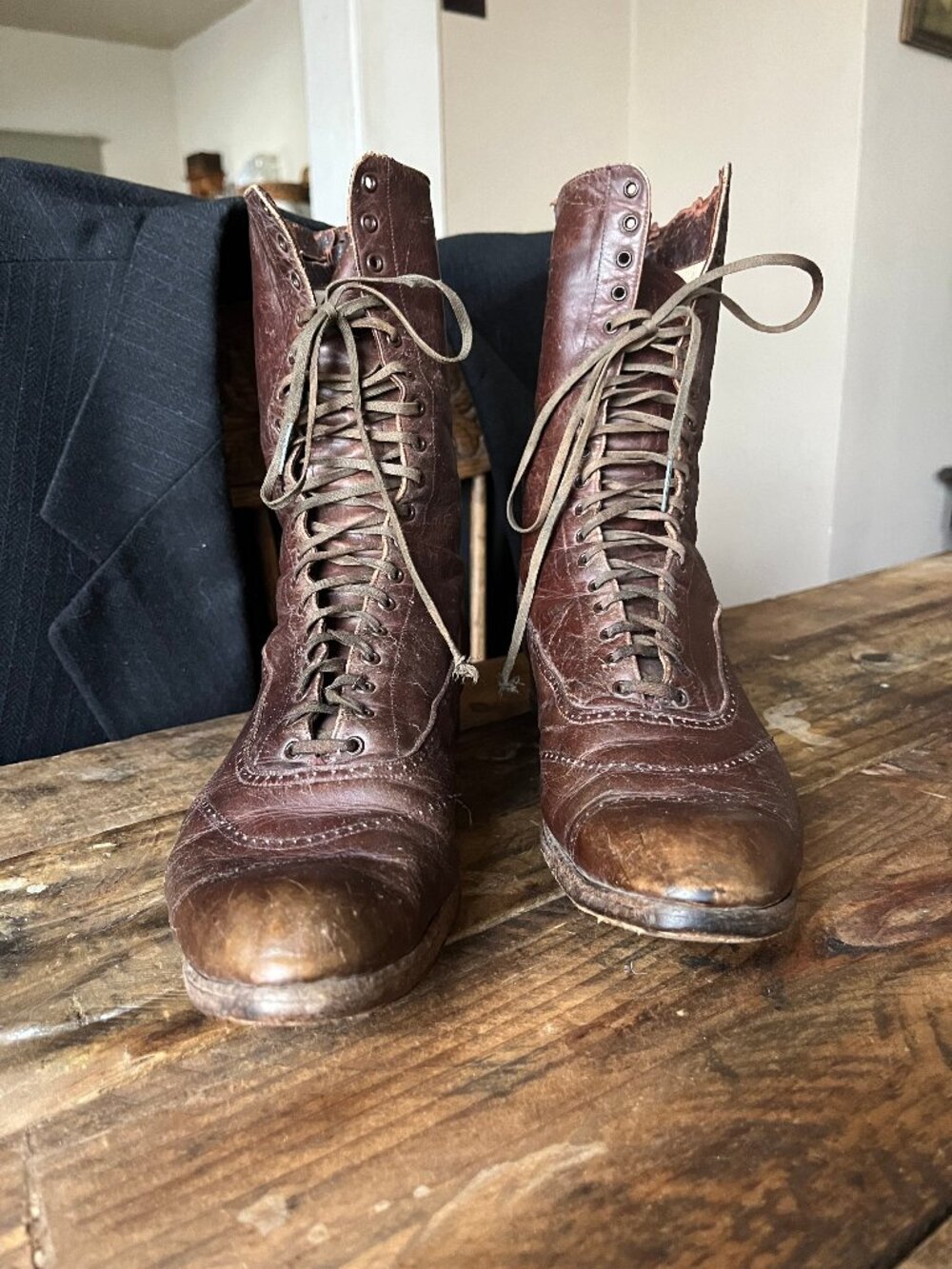 Antique Brown Leather Lace-Up Boots | Victorian-Era Style | Tall Historical Foot